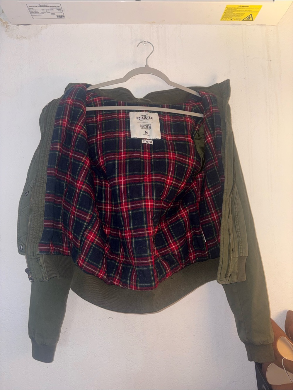 Hollister Olive Bomber Jacket with Red Plaid Lining wear once